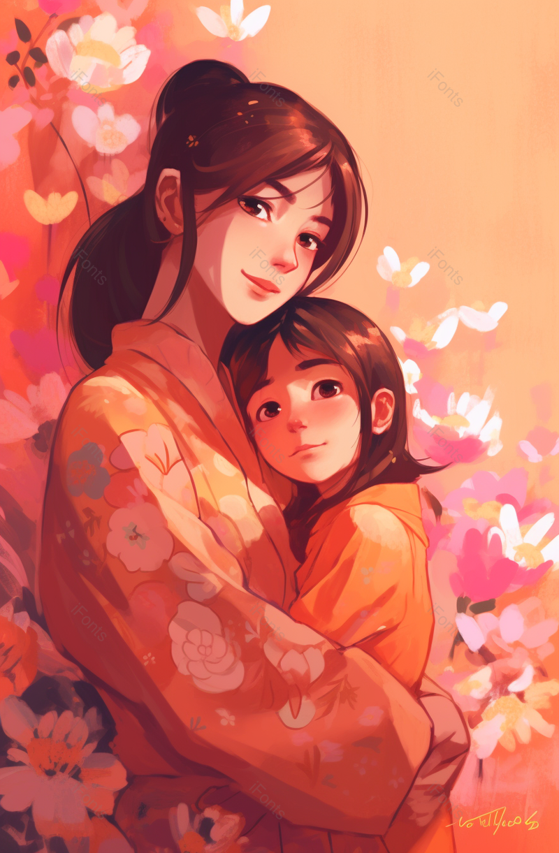 古风氛围感母亲节母女拥抱背景图,插画/手绘图,插画/手绘图库,插画/手绘图下载,插画/手绘